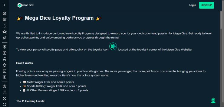 Mega Dice Loyalty Program