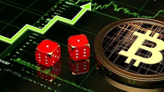 Two Dice and Bitcoin Symbol