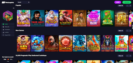A screenshot of games on Metaspin casino