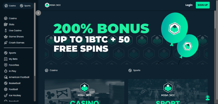 Mega Dice Mobile Casino Homepage