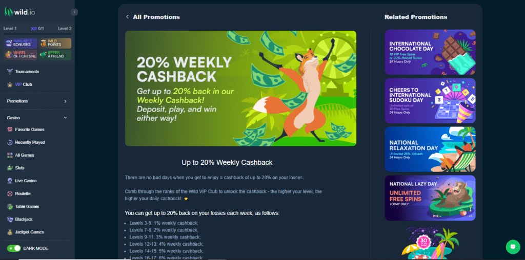 Wild.io weekly cashback